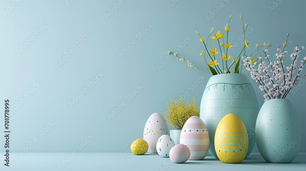 easter eggs and flowers in a vase - easter still life - easter card design background with solid light blue background and copy space - pastel colors - generative ai - obrazy, fototapety, plakaty 