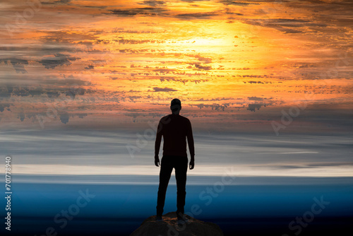 Silhouette of a man on background of the Earth planet. Elements