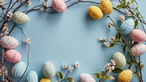 colorful small easter eggs with flowering branches as a boarder on a light blue background with copy space - easter card background frame - spring design element - generative ai photo