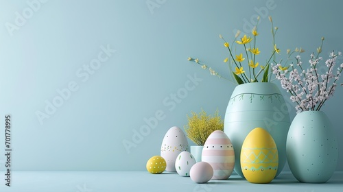 easter eggs and flowers in a vase - easter still life - easter card design background with solid light blue background and copy space - pastel colors - generative ai