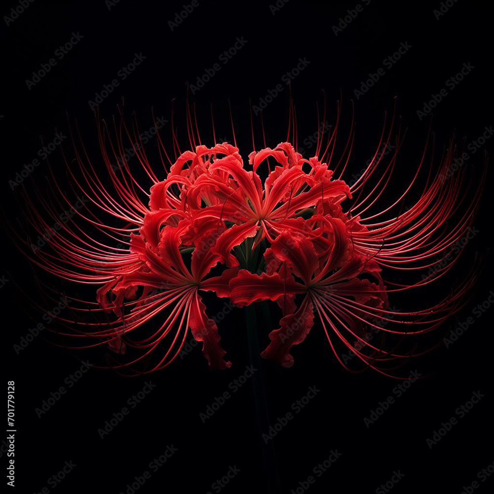 A red spider lily flower blooming isolated with black background. A red spider lily flower blooming isolated with black background.