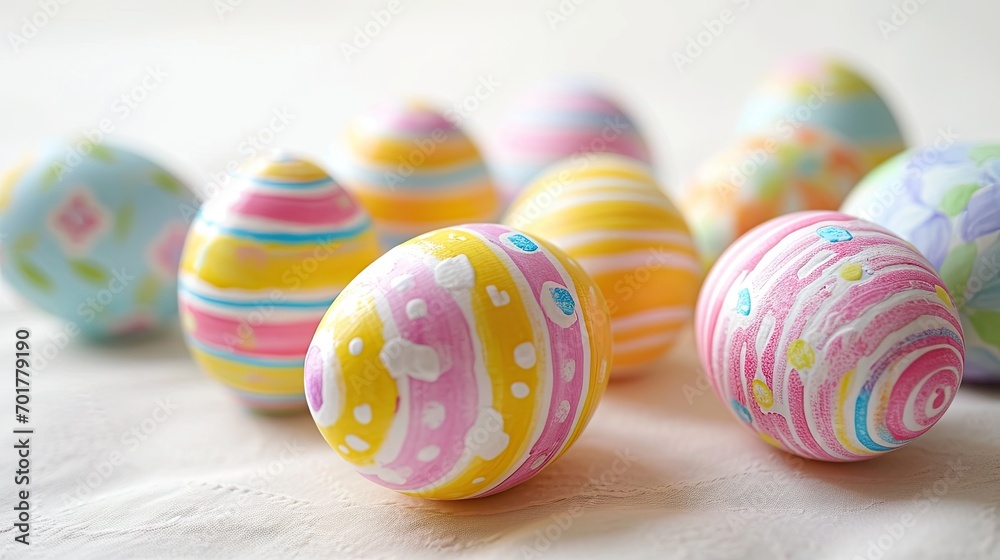 Fototapeta premium colorful painted easter eggs in pastel colors on bright background - generative ai