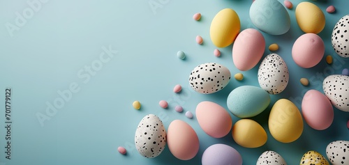easter eggs card design background with pastel colored easter eggs on solid light blue background - design element with copy space - generative ai