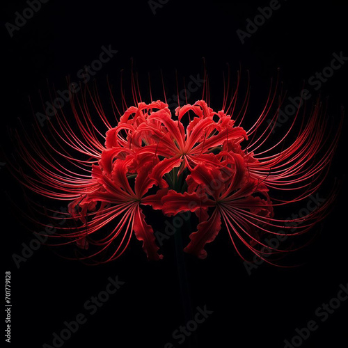 A red spider lily flower blooming isolated with black background.