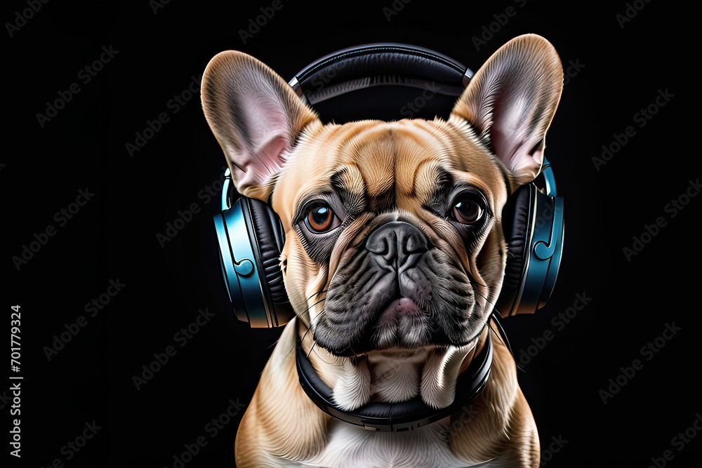 French Bulldog dog wearing headphones isolated on black background. Listen to music. Cover for design of music releases, albums and advertising. Music lover background. DJ concept.