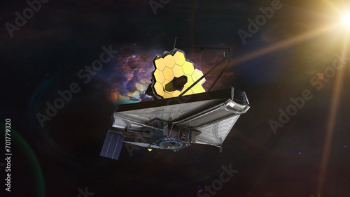 James Webb telescope explores deep space. JWST launch art. Elements of this image furnished by NASA.