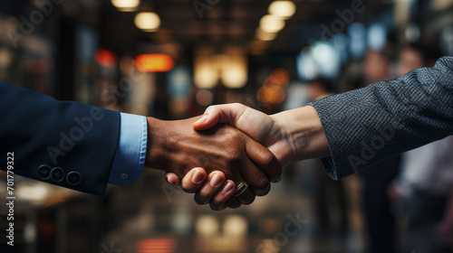Handshake of business partners. Close-up of the hands of two business people in suits shaking hands.