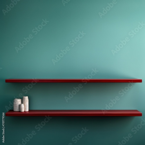 Deux étagères rouge contre un mur coloré, dans un style minimaliste