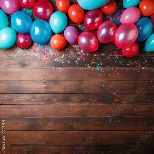 Fête d'anniversaire, arrière-plan festif avec des ballons colorés et un fond en bois
