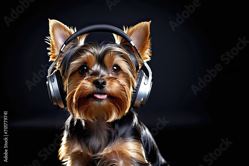 Yorkshire Terrier dog wearing headphones isolated on black background. Listen to music. Cover for design of music releases, albums and advertising. Music lover background. DJ concept.