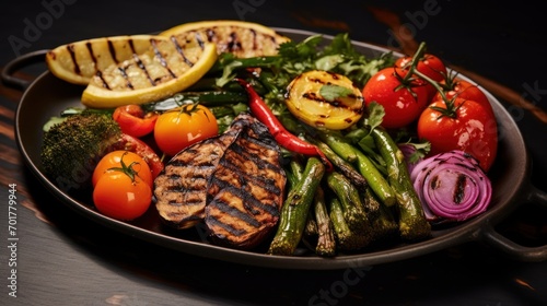  a plate of grilled meat, vegetables, and lemons on a wooden table with a grill in the background.