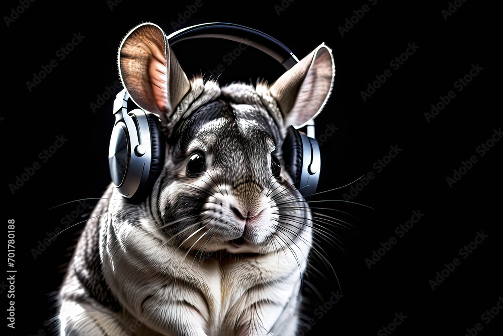 Chinchilla wearing headphones isolated on black background. Listen to music. Cover for design of music releases, albums and advertising. Music lover background. DJ concept.
