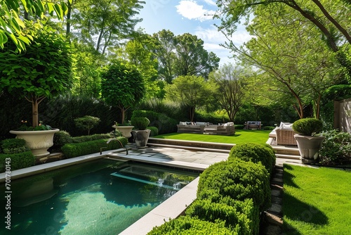 Landscaped Backyard with Pool and Outdoor Seating photo