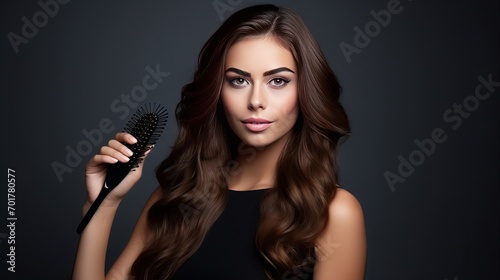 A portrait of a beautiful brunette model with makeup and a hairdresser combing her gorgeous hair before shooting in an isolated studio.