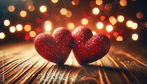 Twinkling Love Glittering Red Hearts and Romantic Bokeh