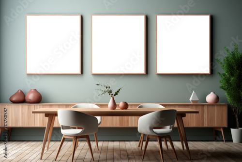 Mockup of posters or framed paintings in a living room with a wooden table and chairs