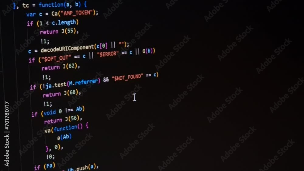 Code. Colorful jsx javascript computer programming code scroll close up pixel detail shot 4K super macro on screen.