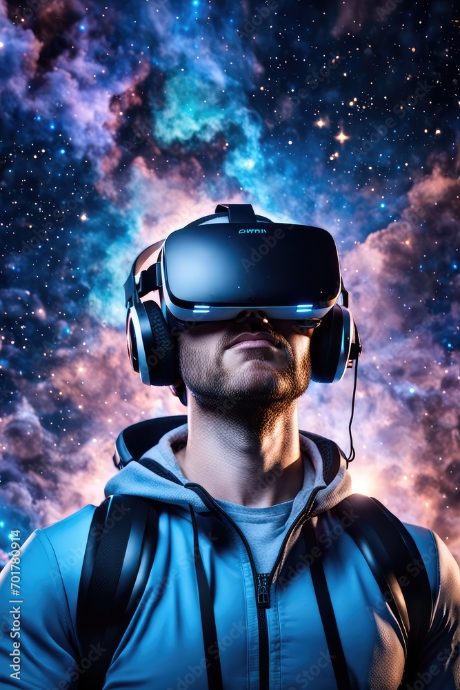 A guy in virtual reality glasses is watching the cosmos. Stars. The Milky Way. Constellations. A guy in virtual reality glasses is watching the cosmos. Stars. The Milky Way. Constellations.