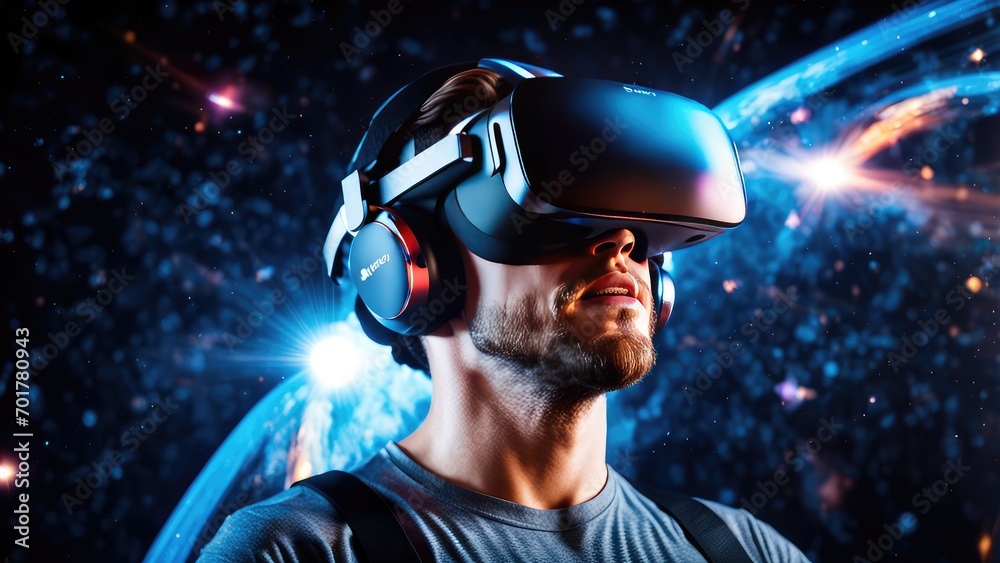 A guy in virtual reality glasses is watching the cosmos. Stars. The Milky Way. Constellations. A guy in virtual reality glasses is watching the cosmos. Stars. The Milky Way. Constellations.