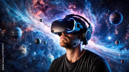 A guy in virtual reality glasses is watching the cosmos. Stars. The Milky Way. Constellations.