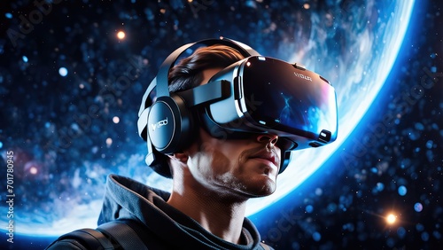 A guy in virtual reality glasses is watching the cosmos. Stars. The Milky Way. Constellations.