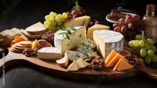 a variety of cheeses and nuts on a wooden platter with a bottle of wine and a bottle of wine in the background.