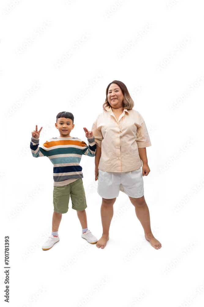 Portrait asian thai mother and son smile and happy standing on white backgrounds banner. Fat and overweight fat woman Portrait asian thai mother and son smile and happy standing on white backgrounds banner. Fat and overweight fat woman