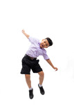Excited yes wow jumping hand up in the air. Thai school uniform with backpack bag. Portrait Young Asian excite cute boy standing on white background banner. Back to school.
