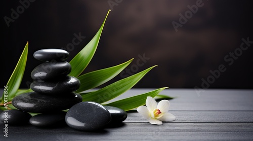 Stones and bamboo are used as a background for a spa