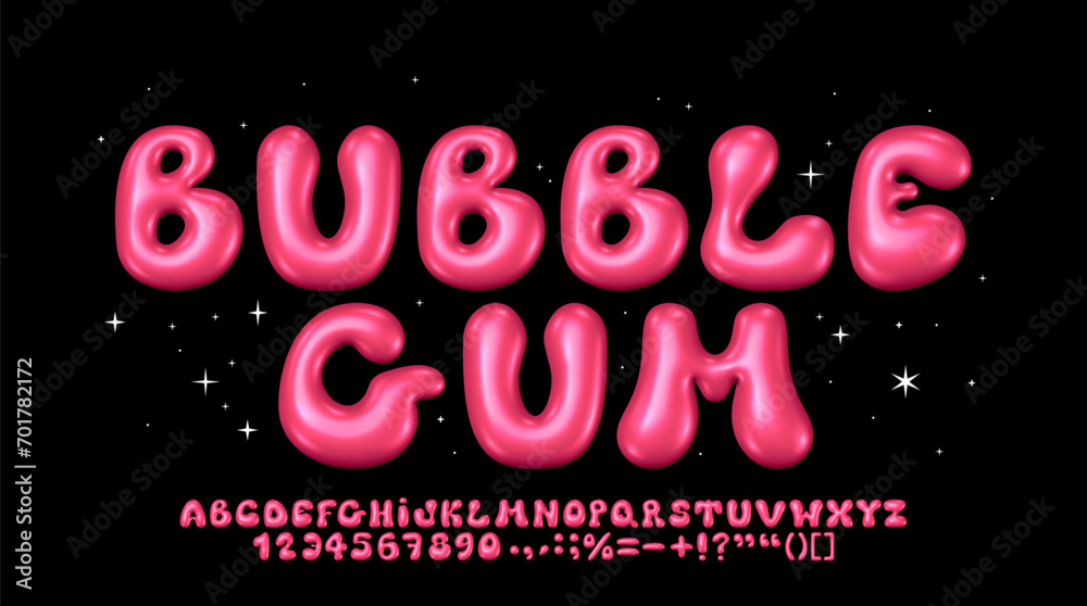 Glossy bubble gum font. Inflated alphabet 3D ballon letters and numbers. Vector set - obrazy, fototapety, plakaty 