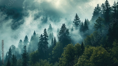The scene of mountains and a foggy pine forest