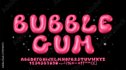 Glossy bubble gum font. Inflated alphabet 3D ballon letters and numbers. Vector set photo
