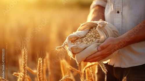 The male hands holding a ripe wheat sack pour out of it, with a blurry backdrop of sunset sun.