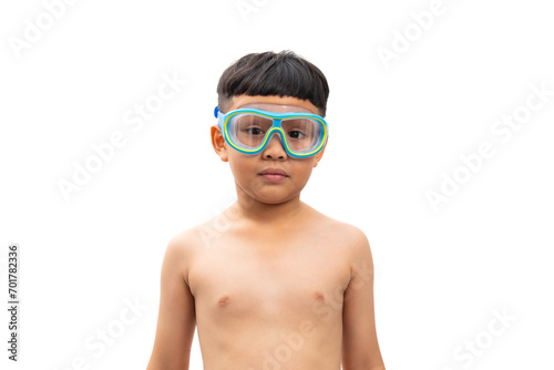 Young Asian thai Boy Fun in Swimming Pool with Goggles. Portrait Young Asian thai cute boy standing isolated on white background banner. Sport man