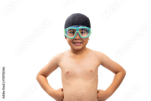Young Asian thai Boy Fun in Swimming Pool with Goggles. Portrait Young Asian thai cute boy standing isolated on white background banner. Sport man