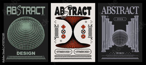 Collection of retro abstract poster. Techno style, psychedelic design, with dither pixel effect, prints for t-shirts and sweatshirts. Vector set