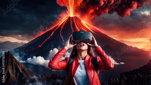 A girl in virtual reality glasses watches a volcanic eruption. Fire, Fiery lava.