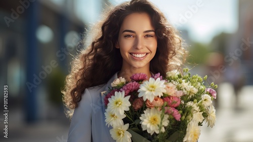 The teacher is smiling as she holds a bouquet of flowers © Ruslan