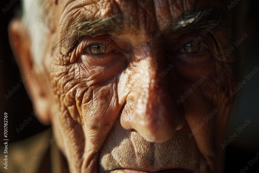 Time-Worn Wisdom: Close-Up Portrait of an Elderly Man with Expressive Eyes and Weathered Features, Accentuated by Sharp and Focused Lighting Time-Worn Wisdom: Close-Up Portrait of an Elderly Man with Expressive Eyes and Weathered Features, Accentuated by Sharp and Focused Lighting