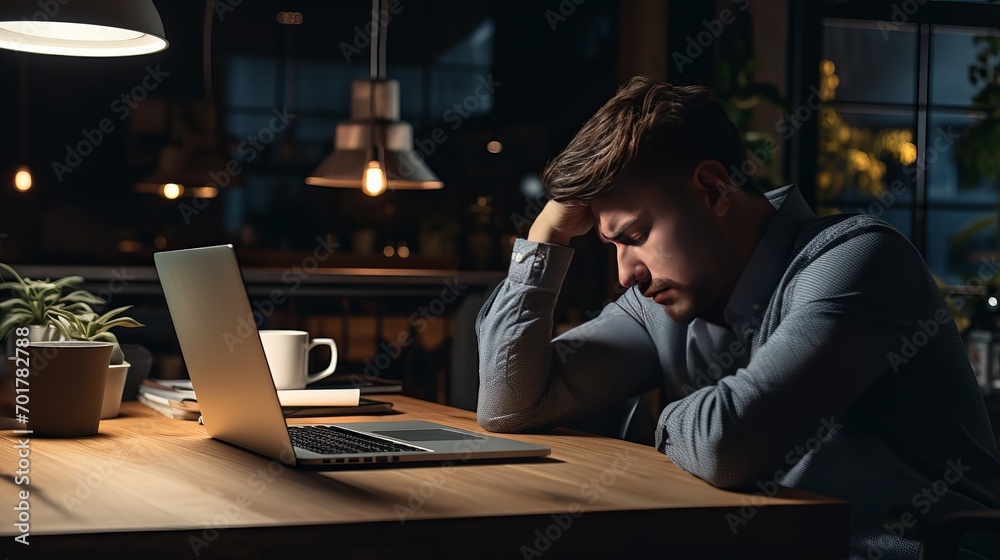 The tired man who works in an office is sighing uncomfortably, studying reports and documents while sitting at a table with a laptop, facepalming and distressing. The tired man who works in an office is sighing uncomfortably, studying reports and documents while sitting at a table with a laptop, facepalming and distressing.