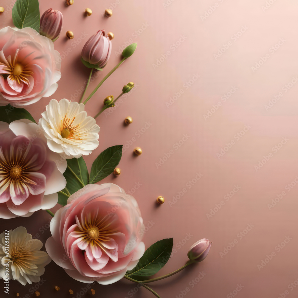 Top view of flowers composition on pink background