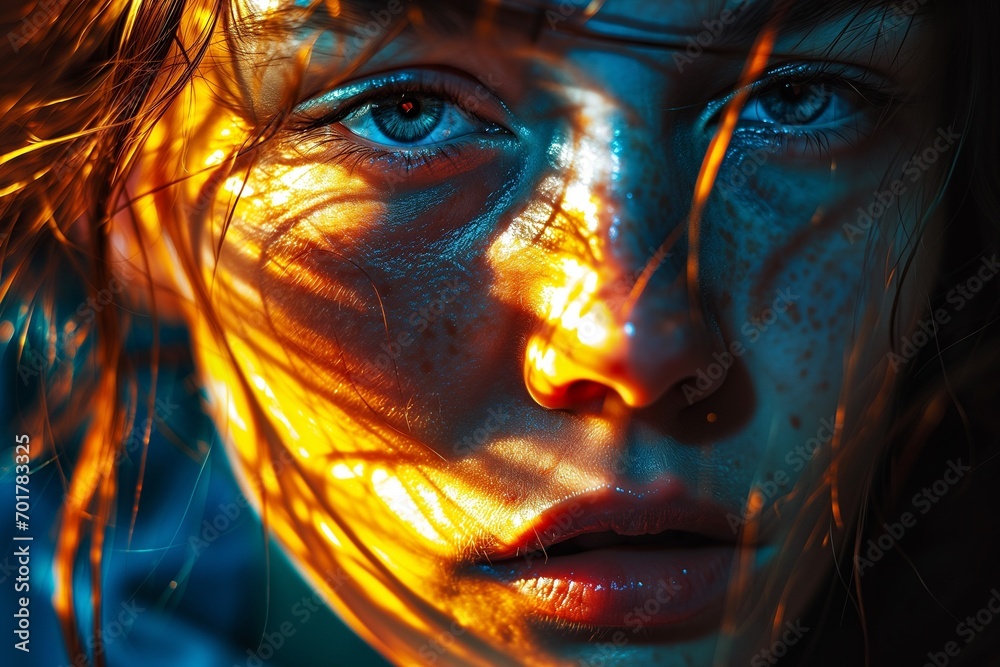 Dramatic Close-Up Portrait of a Woman: Surreal Forms, Vibrant Colors, and Deep Shadows in Blues and Yellows Dramatic Close-Up Portrait of a Woman: Surreal Forms, Vibrant Colors, and Deep Shadows in Blues and Yellows