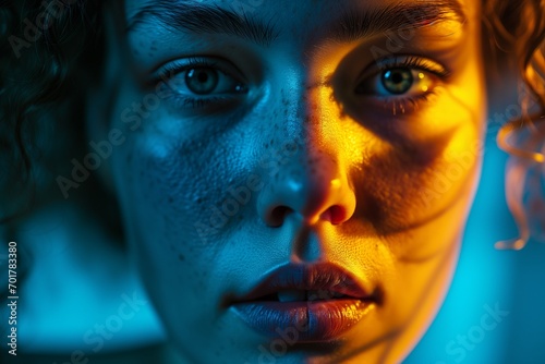 Dramatic Close-Up Portrait of a Woman: Surreal Forms, Vibrant Colors, and Deep Shadows in Blues and Yellows