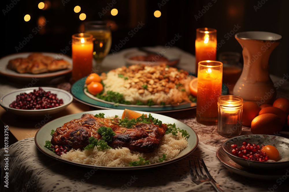 Ramadan food on the dark table at night