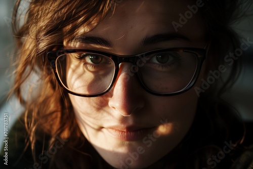 Close-up Portrait of a Thoughtful Woman with Glasses, Emphasizing Her Intellectual Expression and Striking Features, Bathed in Soft and Muted Lighting, Accentuating Skin Texture and Delicate Shadows