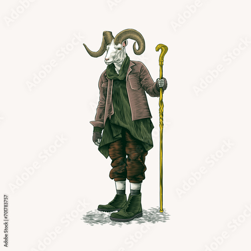 illustration of a shepherd with a goat's head in vintage style