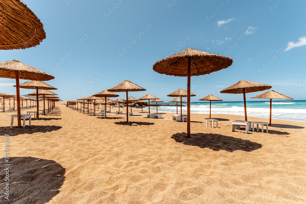 Empty sandy beach with umbrellas in summer with sun light.