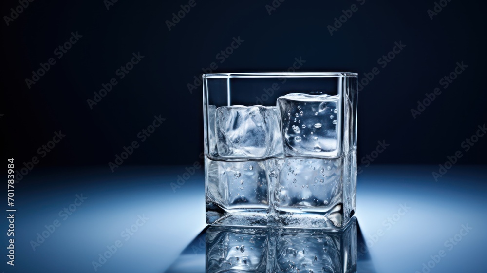 a glass of water with ice cubes on a reflective surface with a blue backround and a black backround. a glass of water with ice cubes on a reflective surface with a blue backround and a black backround.