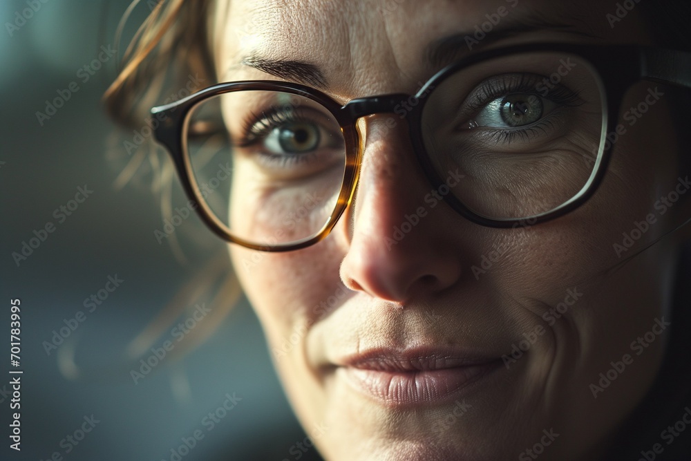 Close-up Portrait of a Thoughtful Woman with Glasses, Emphasizing Her Intellectual Expression and Striking Features, Bathed in Soft and Muted Lighting, Accentuating Skin Texture and Delicate Shadows Close-up Portrait of a Thoughtful Woman with Glasses, Emphasizing Her Intellectual Expression and Striking Features, Bathed in Soft and Muted Lighting, Accentuating Skin Texture and Delicate Shadows