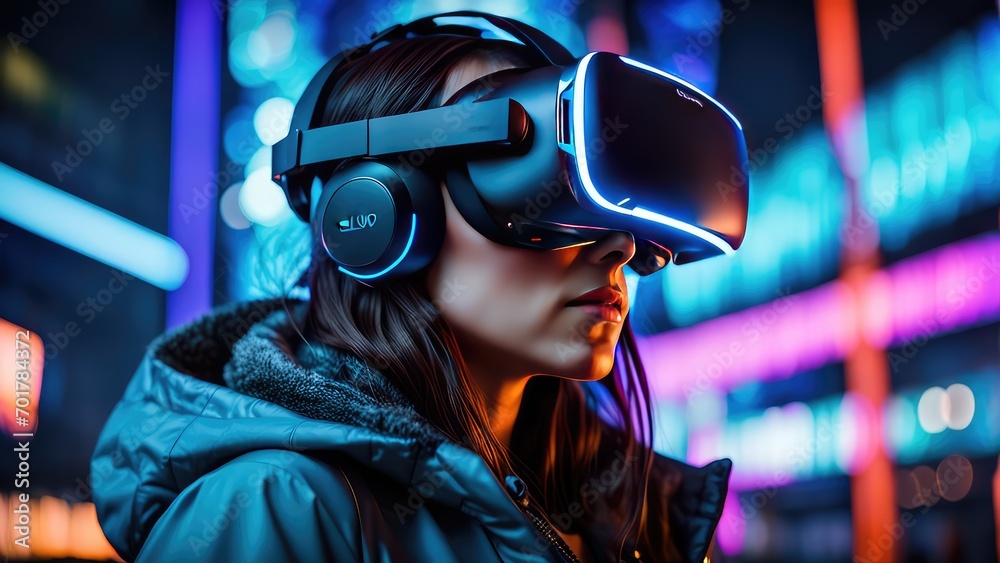 A girl in virtual reality glasses watches a futuristic city A girl in virtual reality glasses watches a futuristic city
